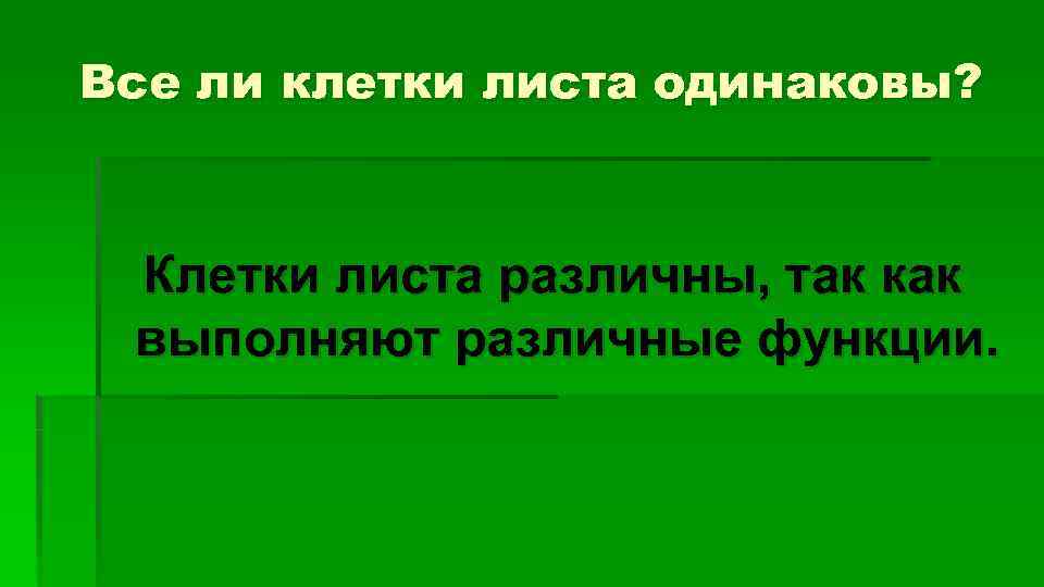 Все ли клетки листа одинаковы? Клетки листа различны, так как выполняют различные функции. 