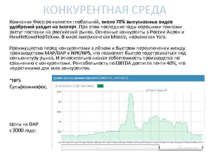 КОНКУРЕНТНАЯ СРЕДА Компания Фосагро является глобальной, около 70% выпускаемых видов удобрений уходит на экспорт.