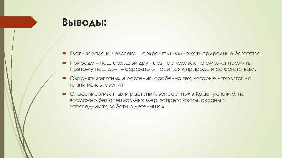 Выводы: Главная задача человека – сохранять и умножать природные богатства. Природа – наш большой