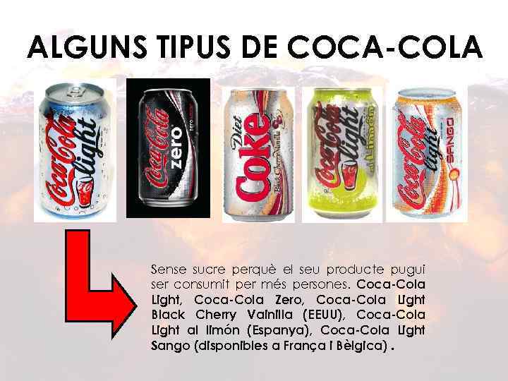ALGUNS TIPUS DE COCA-COLA Sense sucre perquè el seu producte pugui ser consumit per