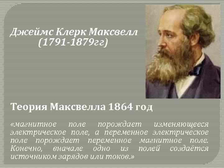 Джеймс Клерк Максвелл (1791 -1879 гг) Теория Максвелла 1864 год «магнитное поле порождает изменяющееся