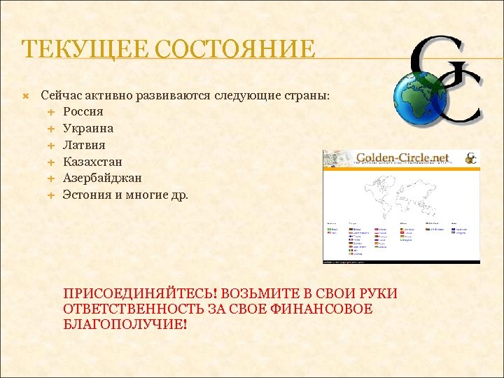 ТЕКУЩЕЕ СОСТОЯНИЕ Сейчас активно развиваются следующие страны: Россия Украина Латвия Казахстан Азербайджан Эстония и