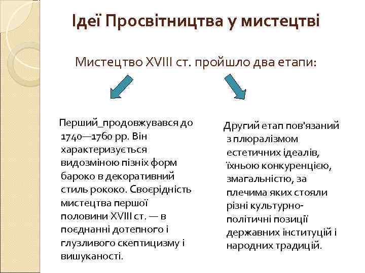 Ідеї Просвітництва у мистецтві Мистецтво XVIII ст. пройшло два етапи: Перший_продовжувався до 1740— 1760