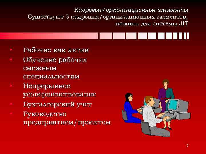 Кадровые/организационные элементы Существуют 5 кадровых/организационных элементов, важных для системы JIT • • • Рабочие