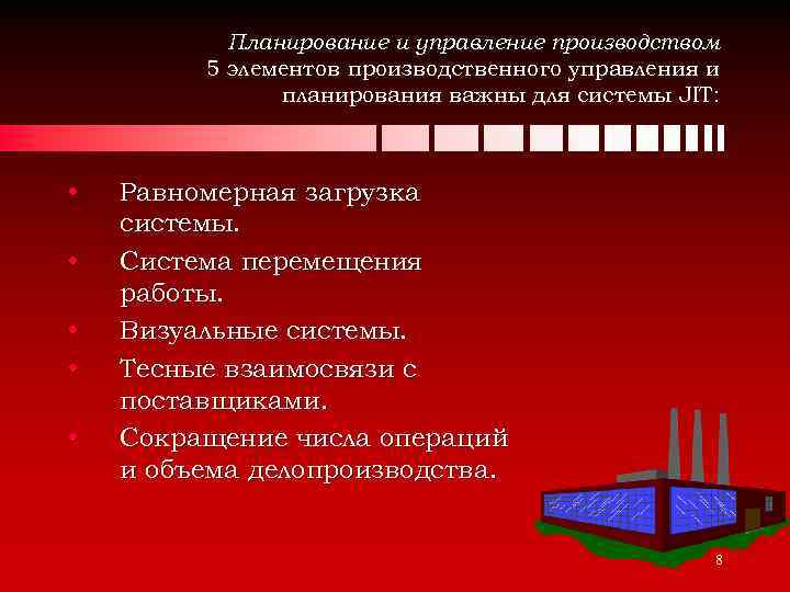 Планирование и управление производством 5 элементов производственного управления и планирования важны для системы JIT: