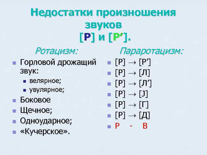 Недостатки произношения звуков [Р] и [Р′]. Ротацизм: n Горловой дрожащий звук: n n n