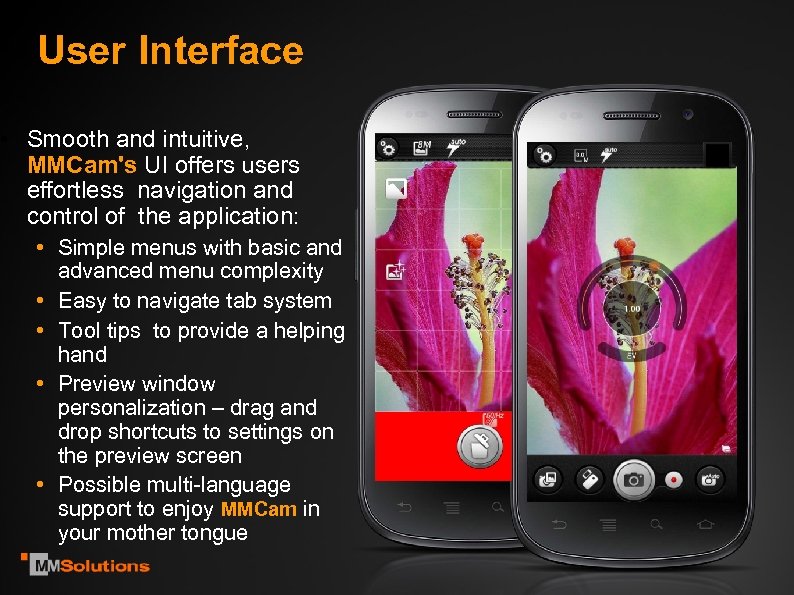User Interface • Smooth and intuitive, MMCam's UI offers users effortless navigation and control