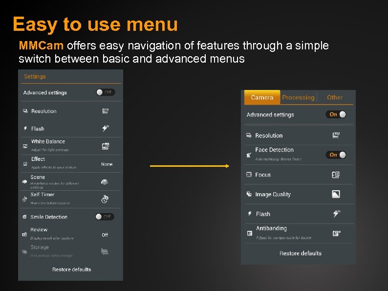Easy to use menu MMCam offers easy navigation of features through a simple switch