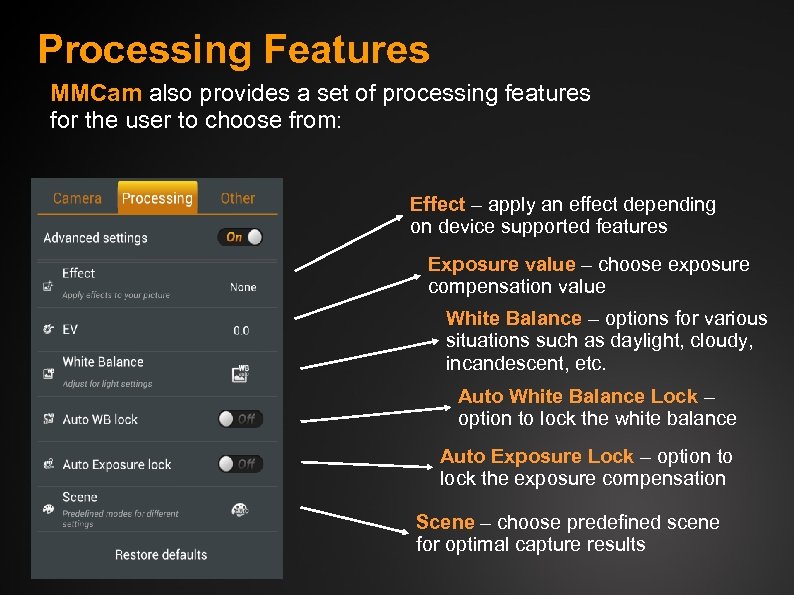 Processing Features MMCam also provides a set of processing features for the user to