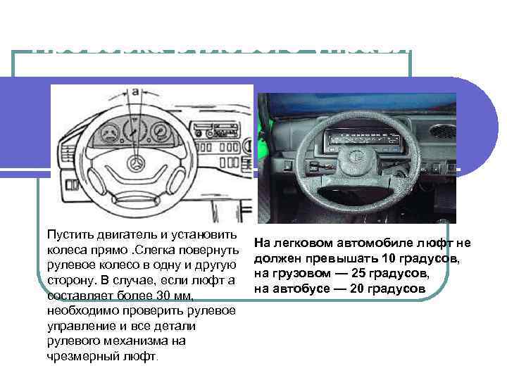 Проверка рулевого управления Пустить двигатель и установить колеса прямо. Слегка повернуть рулевое колесо в
