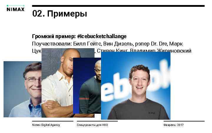 02. Примеры Громкий пример: #icebucketchallange Поучаствовали: Билл Гейтс, Вин Дизель, рэпер Dr. Dre, Марк