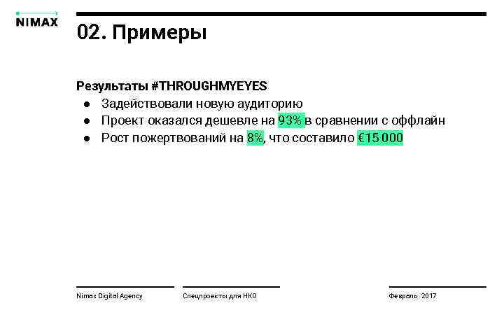 02. Примеры Результаты #THROUGHMYEYES ● Задействовали новую аудиторию ● Проект оказался дешевле на 93%
