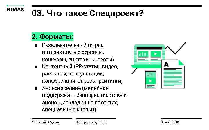 03. Что такое Спецпроект? 2. Форматы: ● Развлекательный (игры, интерактивные сервисы, конкурсы, викторины, тесты)