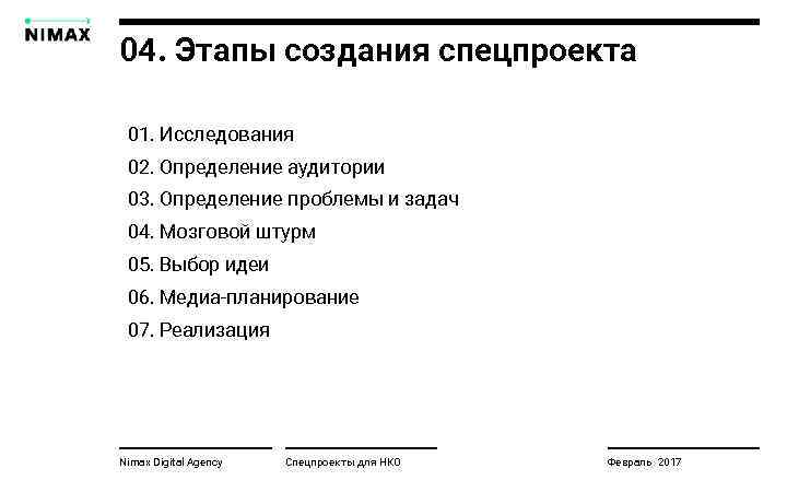 04. Этапы создания спецпроекта 01. Исследования 02. Определение аудитории 03. Определение проблемы и задач