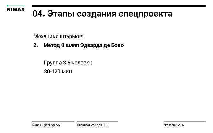 04. Этапы создания спецпроекта Механики штурмов: 2. Метод 6 шляп Эдварда де Боно Группа