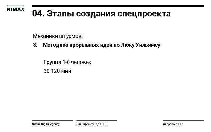 04. Этапы создания спецпроекта Механики штурмов: 3. Методика прорывных идей по Люку Уильямсу Группа