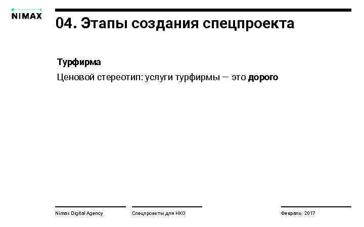 04. Этапы создания спецпроекта Турфирма Ценовой стереотип: услуги турфирмы — это дорого Nimax Digital