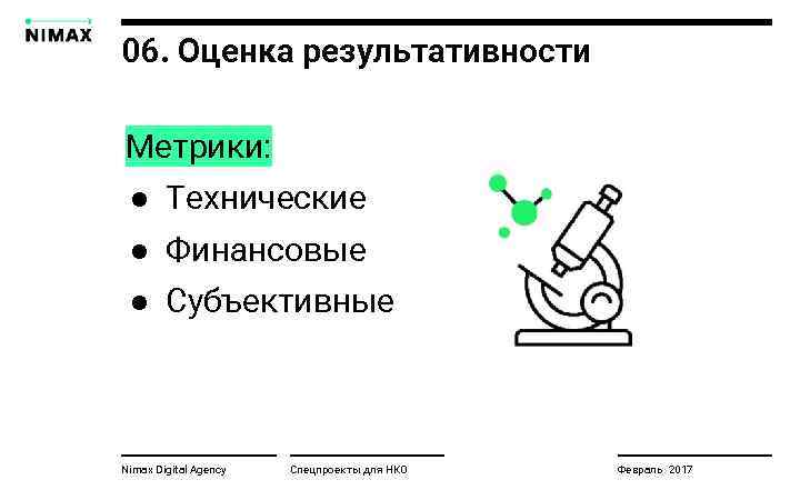 06. Оценка результативности Метрики: ● Технические ● Финансовые ● Субъективные Nimax Digital Agency Спецпроекты