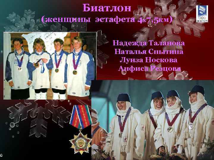 Биатлон (женщины эстафета 4 x 7, 5 км) Надежда Таланова Наталья Снытина Луиза Носкова