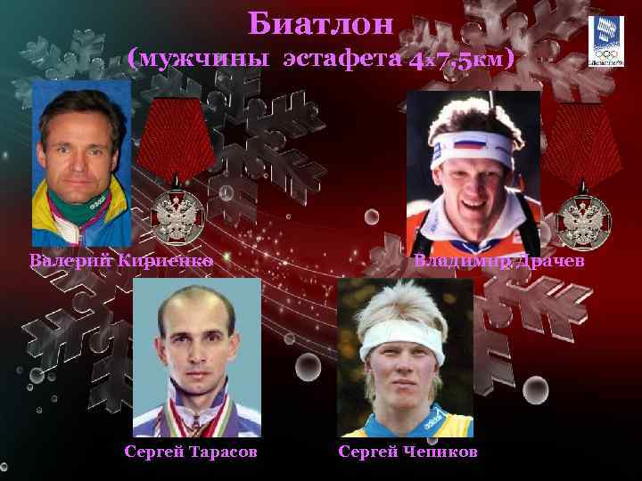Биатлон (мужчины эстафета 4 x 7, 5 км) Валерий Кириенко Сергей Тарасов Владимир Драчев