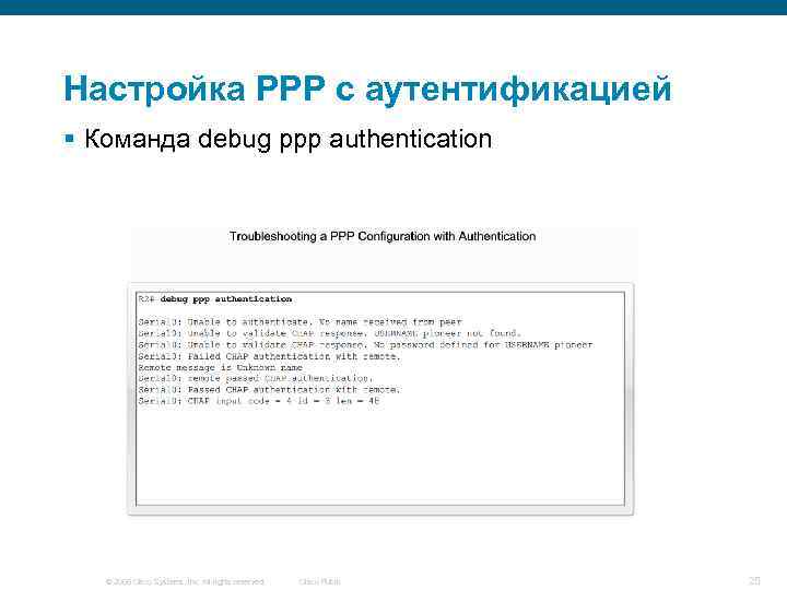 Настройка PPP с аутентификацией § Команда debug ppp authentication © 2006 Cisco Systems, Inc.