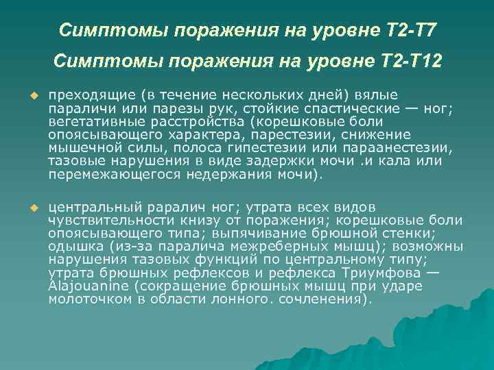 Симптомы поражения на уровне Т 2 -Т 7 Симптомы поражения на уровне Т 2