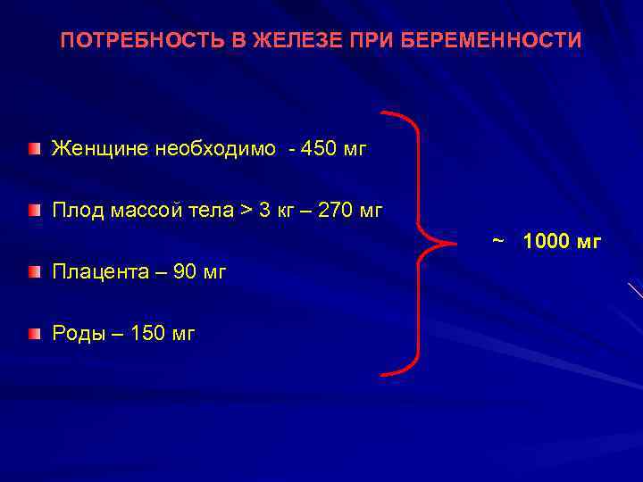 ПОТРЕБНОСТЬ В ЖЕЛЕЗЕ ПРИ БЕРЕМЕННОСТИ Женщине необходимо - 450 мг Плод массой тела >