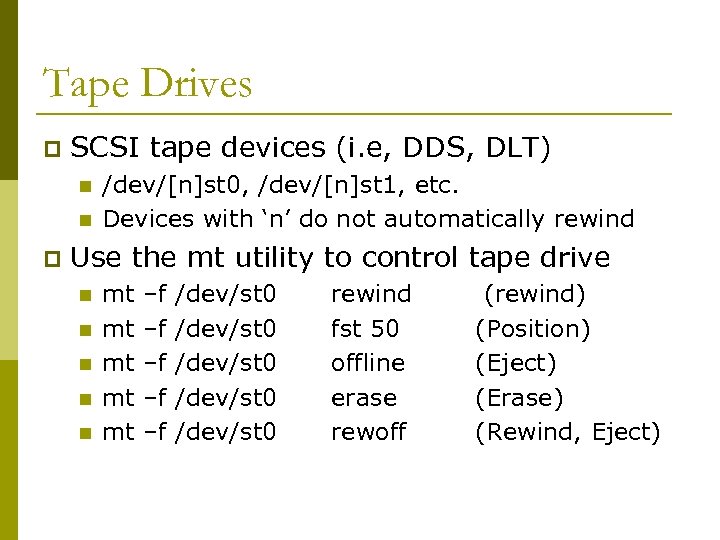 Tape Drives p SCSI tape devices (i. e, DDS, DLT) n n p /dev/[n]st