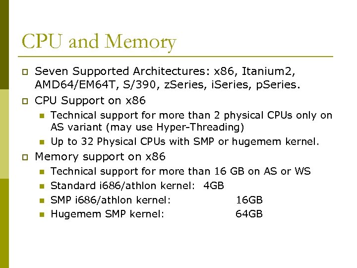 CPU and Memory p p Seven Supported Architectures: x 86, Itanium 2, AMD 64/EM