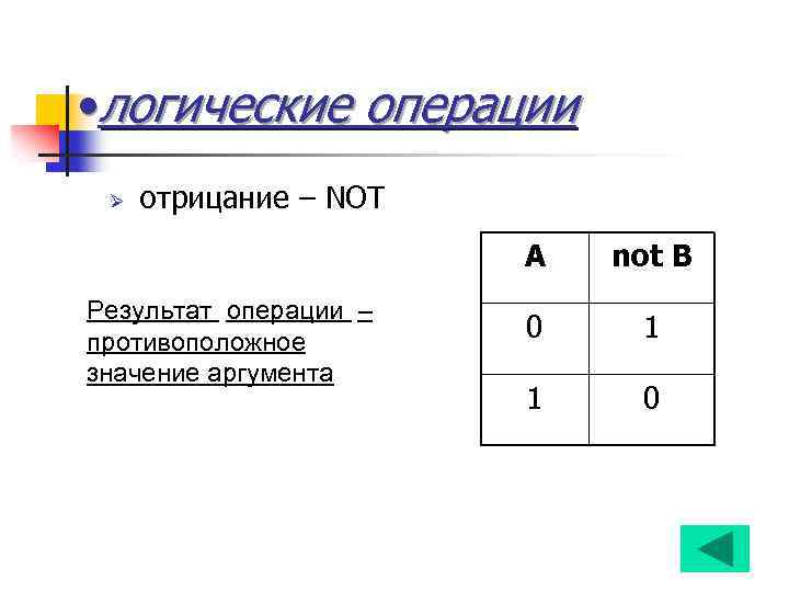  • логические операции Ø отрицание – NOT A Результат операции – противоположное значение