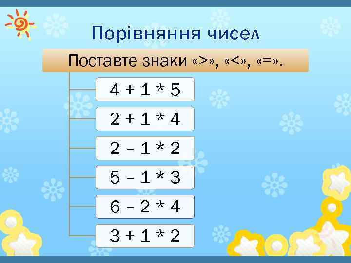 Порівняння чисел Поставте знаки «>» , «<» , «=» . 4+1*5 2+1*4 2– 1*2