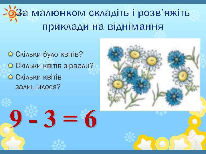 За малюнком складіть і розв’яжіть приклади на віднімання Скільки було квітів? Скільки квітів зірвали?