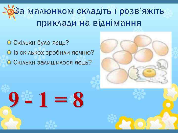 За малюнком складіть і розв’яжіть приклади на віднімання Скільки було яєць? Із скількох зробили