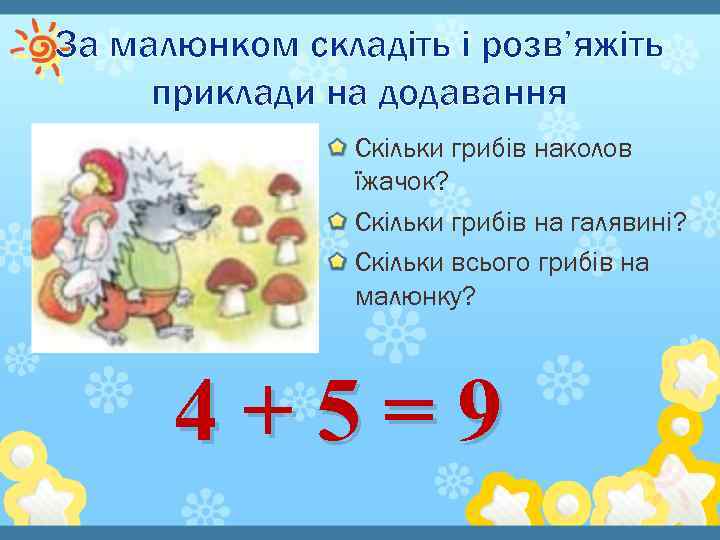 За малюнком складіть і розв’яжіть приклади на додавання Скільки грибів наколов їжачок? Скільки грибів