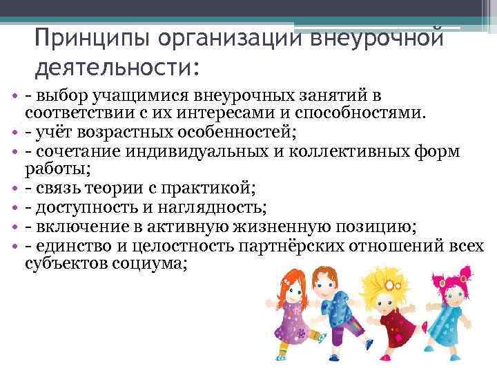 Принципы организации внеурочной деятельности: • - выбор учащимися внеурочных занятий в соответствии с их