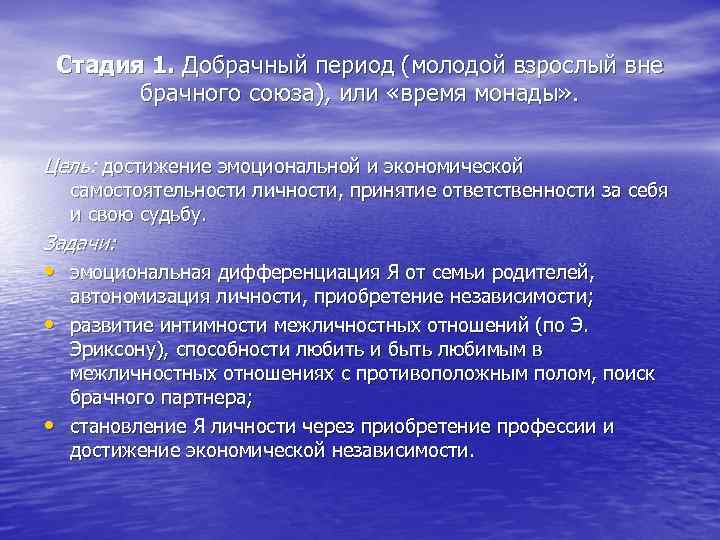 Стадия 1. Добрачный период (молодой взрослый вне брачного союза), или «время монады» . Цель: