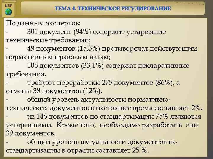 КЗР По данным экспертов: 301 документ (94%) содержит устаревшие технические требования; 49 документов (15,