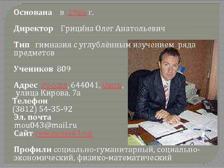  Основана в 1985 г. Директор Грици на Олег Анатольевич Тип гимназия с углублённым