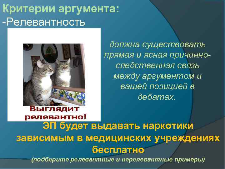 Критерии аргумента: -Релевантность должна существовать прямая и ясная причинноследственная связь между аргументом и вашей