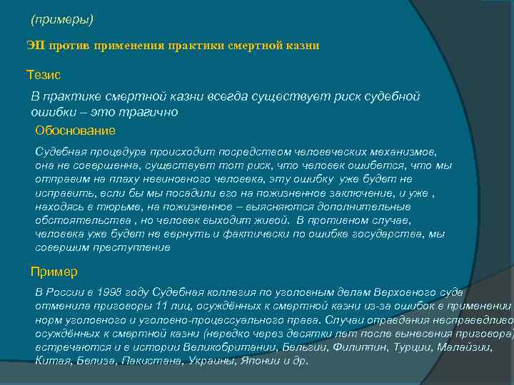 (примеры) ЭП против применения практики смертной казни Тезис В практике смертной казни всегда существует