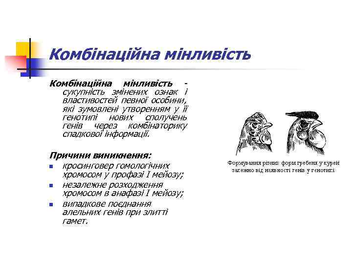 Комбінаційна мінливість сукупність змінених ознак і властивостей певної особини, які зумовлені утворенням у її