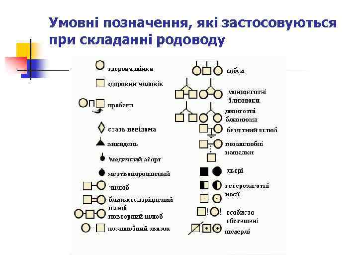 Умовні позначення, які застосовуються при складанні родоводу 