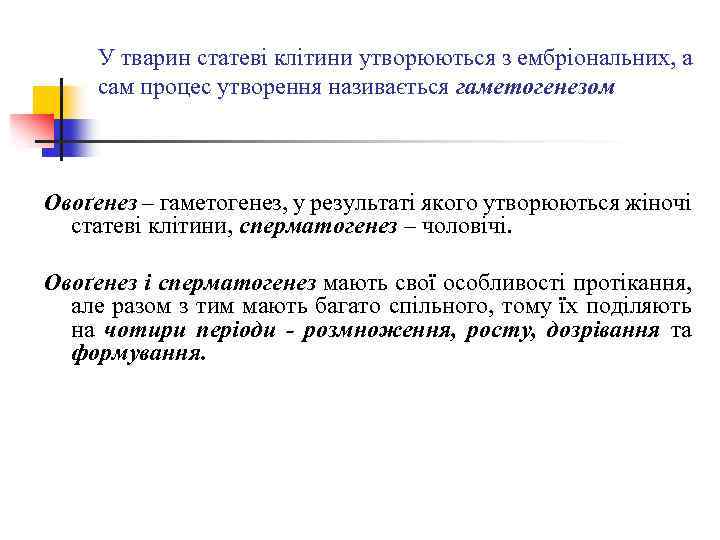 У тварин статеві клітини утворюються з ембріональних, а сам процес утворення називається гаметогенезом Овоґенез