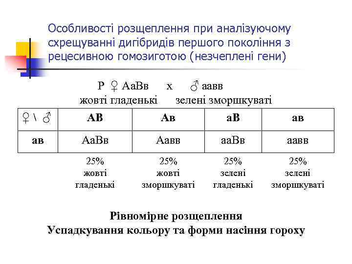 Особливості розщеплення при аналізуючому схрещуванні дигібридів першого покоління з рецесивною гомозиготою (незчеплені гени) Р