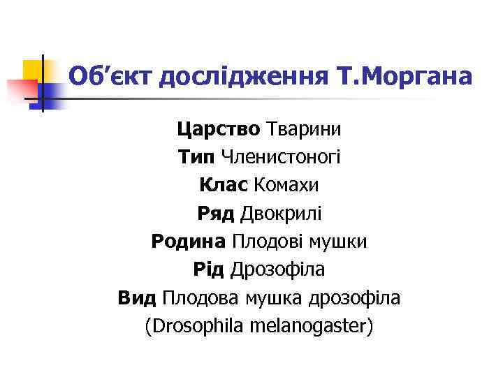 Об’єкт дослідження Т. Моргана Царство Тварини Тип Членистоногі Клас Комахи Ряд Двокрилі Родина Плодові