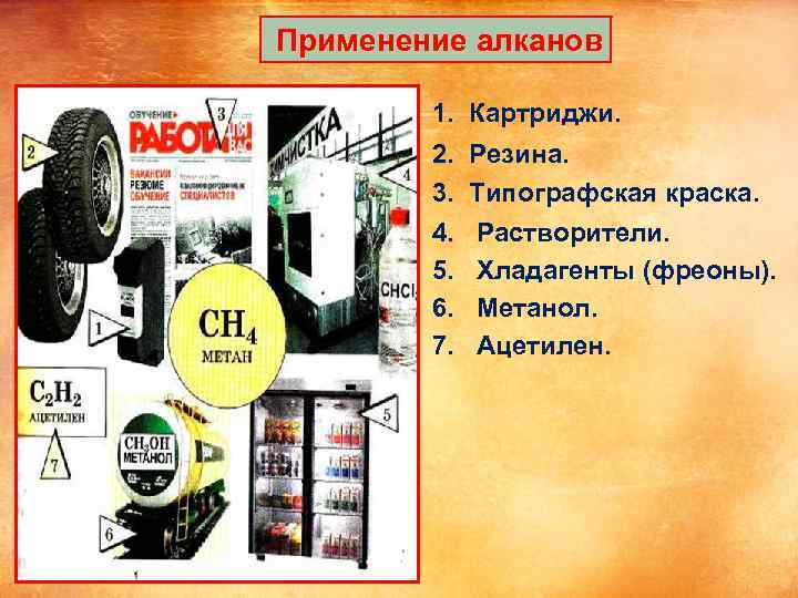 Применение алканов 1. Картриджи. 2. Резина. 3. Типографская краска. 4. Растворители. 5. Хладагенты (фреоны).