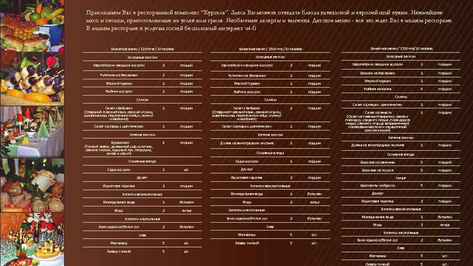 Приглашаем Вас в ресторанный комплекс “Кургала”. Здесь Вы можете отведать блюда кавказской и европейской