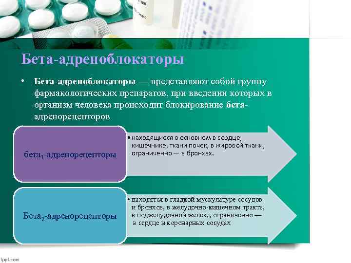 Бета-адреноблокаторы • Бета-адреноблокаторы — представляют собой группу фармакологических препаратов, при введении которых в организм