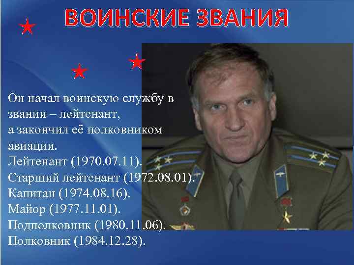 ВОИНСКИЕ ЗВАНИЯ Он начал воинскую службу в звании – лейтенант, а закончил её полковником