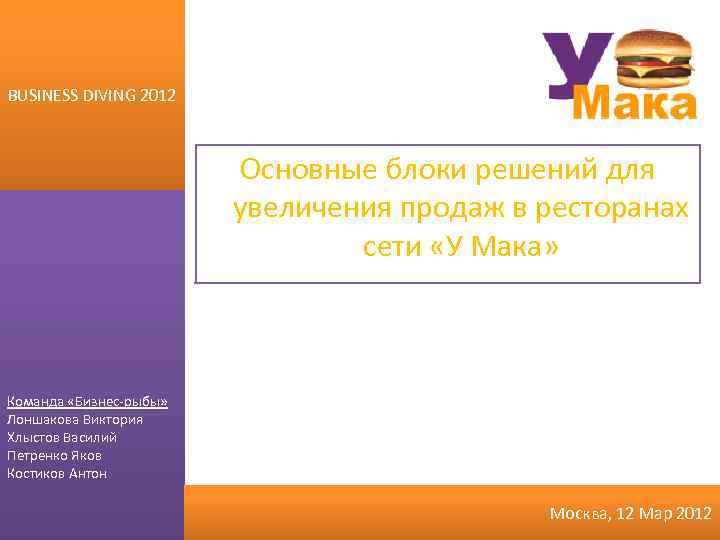 BUSINESS DIVING 2012 Основные блоки решений для увеличения продаж в ресторанах сети «У Мака»